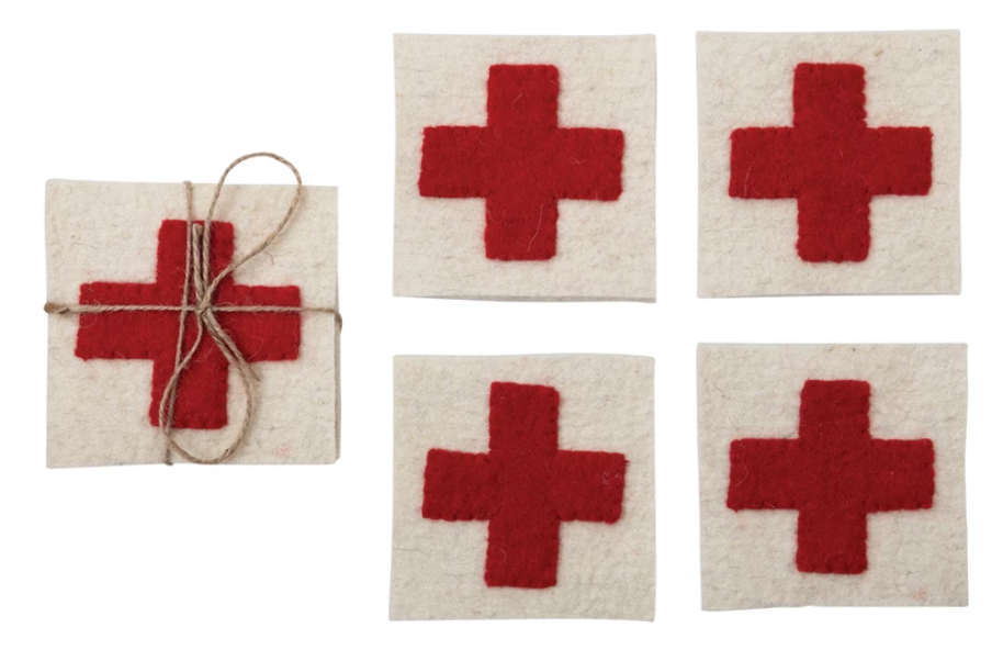 4" Square Wool Felt Coaster with Appliqued Swiss Cross, Cream Color and Red, Set of 4