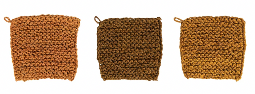 8" Square Jute Crocheted Pot Holder, 3 Colors
