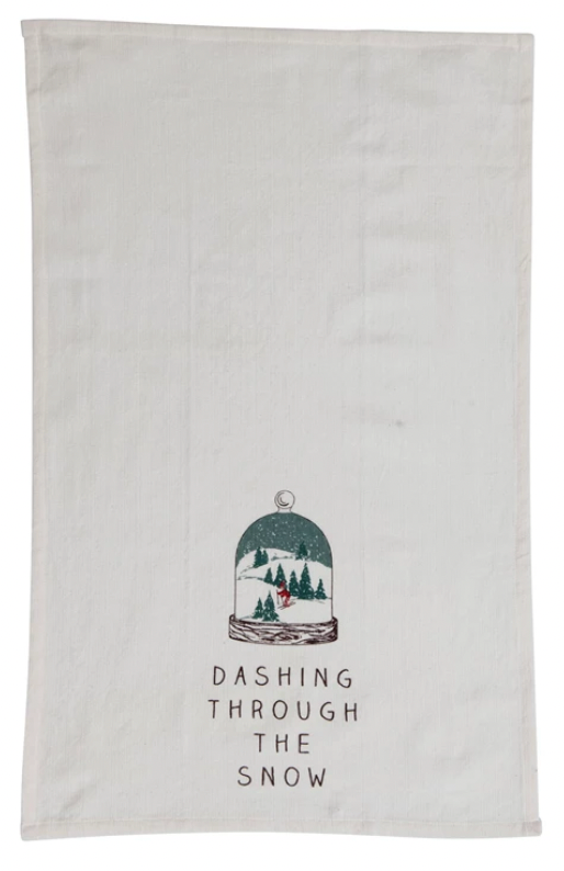 Cotton Tea Towel with Cloche "Dashing Through The Snow", Multi Color