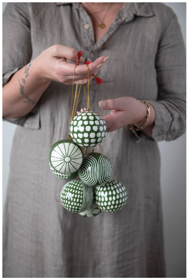 3" Round Hand-Painted Paper Mache Ball Ornament with Pattern, Green and White, 6 Styles