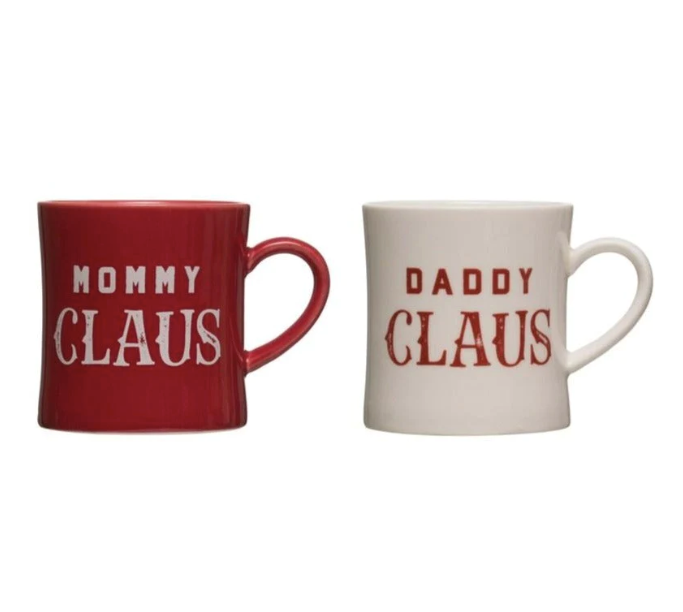 Red and White Stoneware Daddy Claus / Mommy Claus Mug