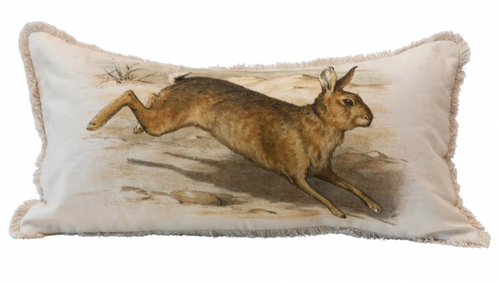 24" x 12" Cotton Lumbar Fringe Pillow with Rabbit Print