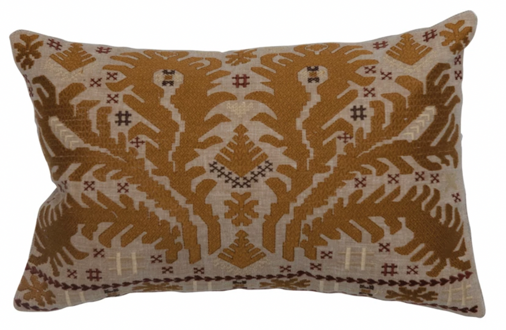 14" x 9" Cotton Embroidered Lumbar Pillow, Dark Gold / Multi