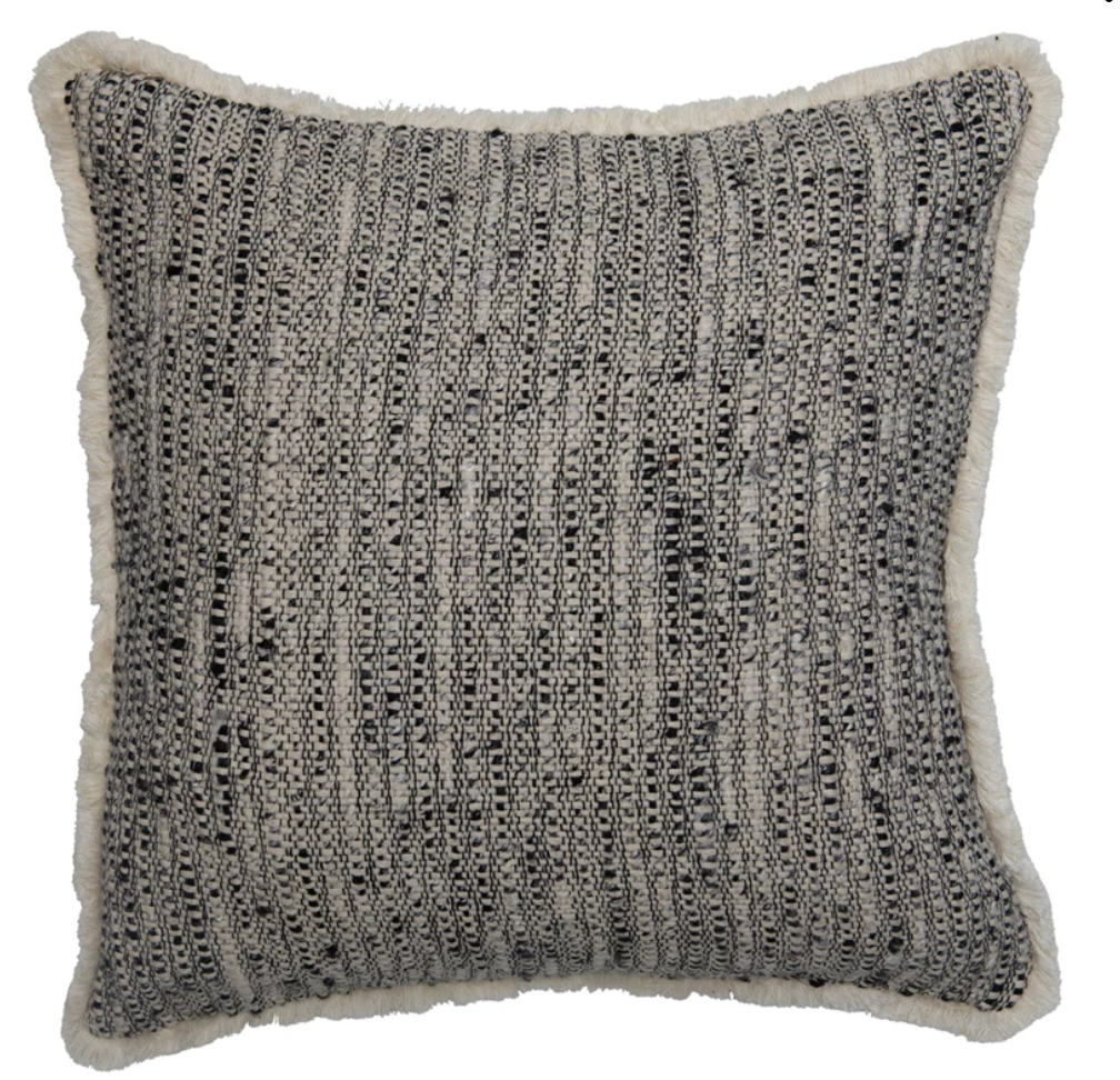 20" Woven Cotton Pillow w/ Chambray Back & Eyelash Fringe