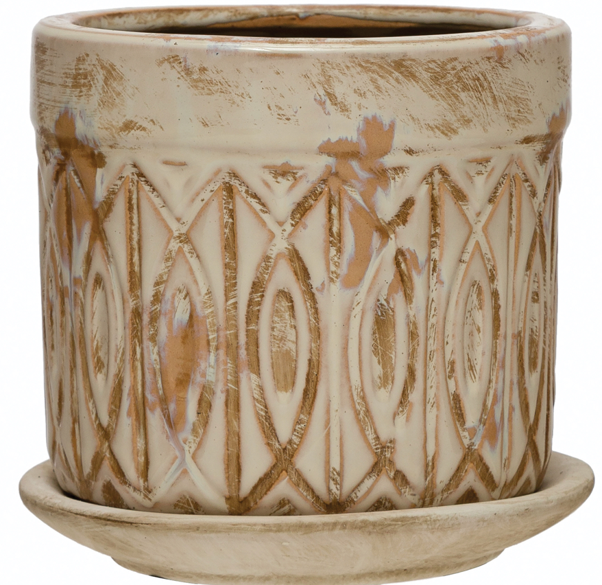 Debossed Terra-cotta Planter with Pattern and Saucer