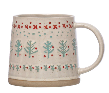 Stamped Stoneware Holiday Mug with Pattern, 4 Styles