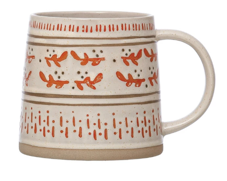 Stamped Stoneware Holiday Mug with Pattern, 4 Styles