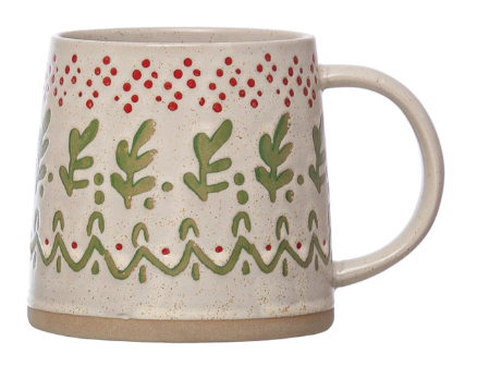 Stamped Stoneware Holiday Mug with Pattern, 4 Styles