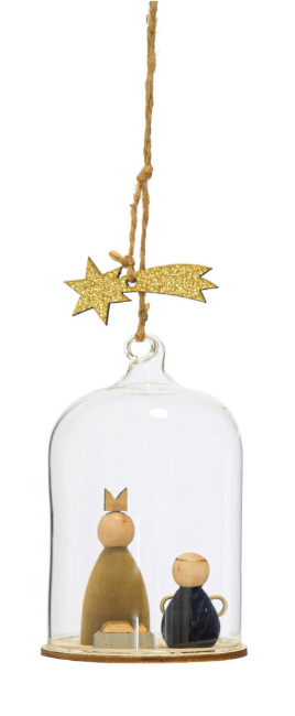 4-1/4"H Glass Cloche Ornament with Wood Nativity Scene, 3 Styles