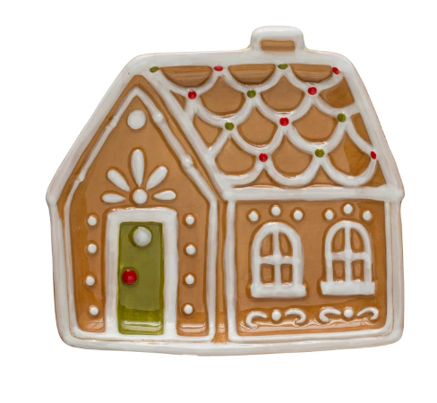 6" x 5-1/2" Hand-Painted Ceramic Gingerbread House Shaped Plate, 2 Styles
