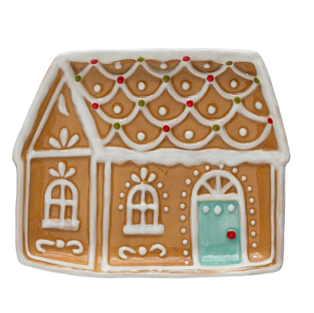 6" x 5-1/2" Hand-Painted Ceramic Gingerbread House Shaped Plate, 2 Styles