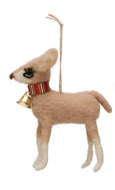 6" Handmade Wool Felt Deer Ornament w/ Jingle Bell, 2 Styles