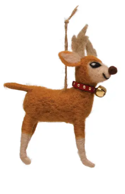 6" Handmade Wool Felt Deer Ornament w/ Jingle Bell, 2 Styles