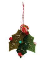 Wool Felt Holly Ornament w/ Peppermint, Poms & Silver Stitching, 2 Styles