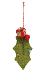 Wool Felt Holly Ornament w/ Peppermint, Poms & Silver Stitching, 2 Styles