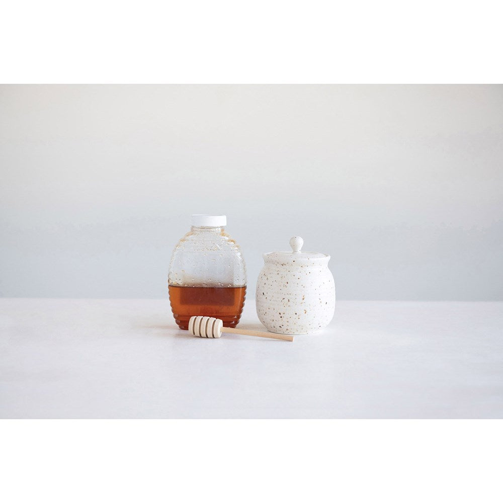 Speckled Stoneware Honey Jar with Wood Dipper (Each One Will Vary)
