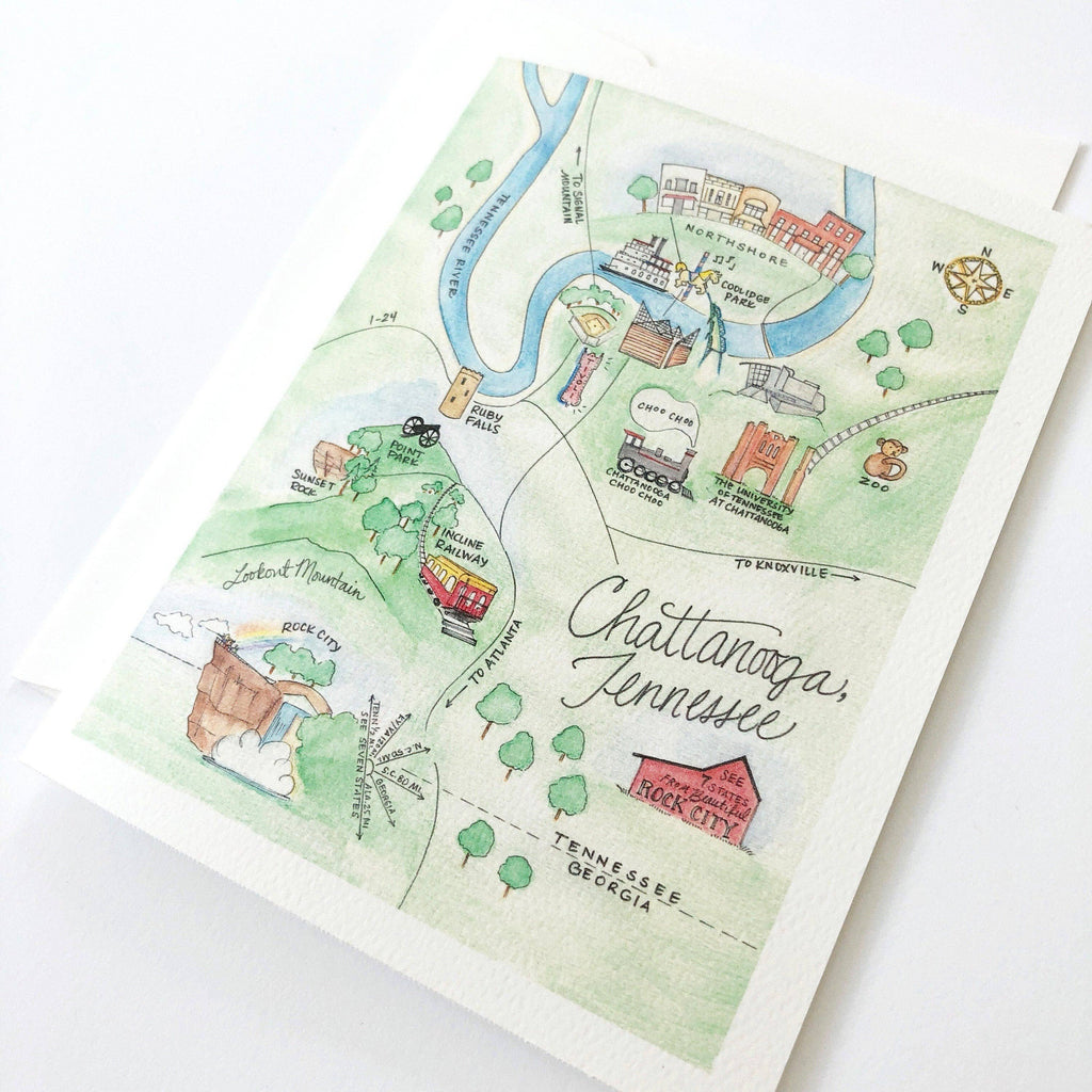 Chattanooga, Tennessee Watercolor Map Boxed Set of 8 Notecards
