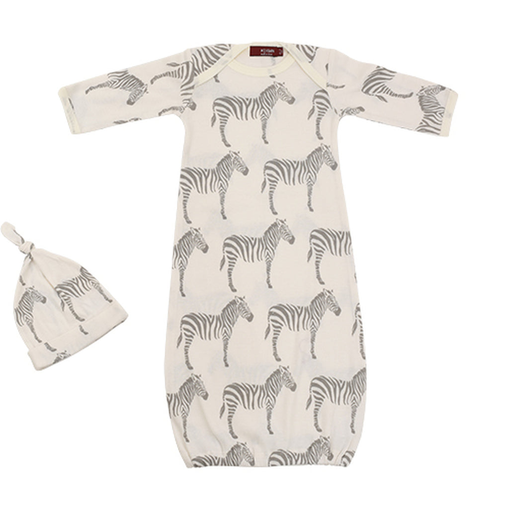 Milkbarn Newborn Gown & Hat Set - Grey Zebra