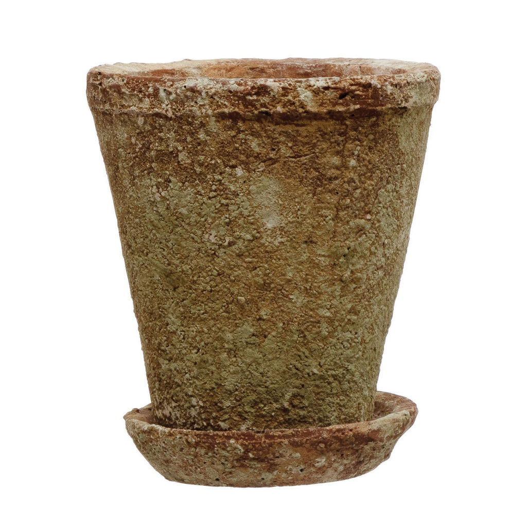 6" Distressed Cement Planter with Saucer