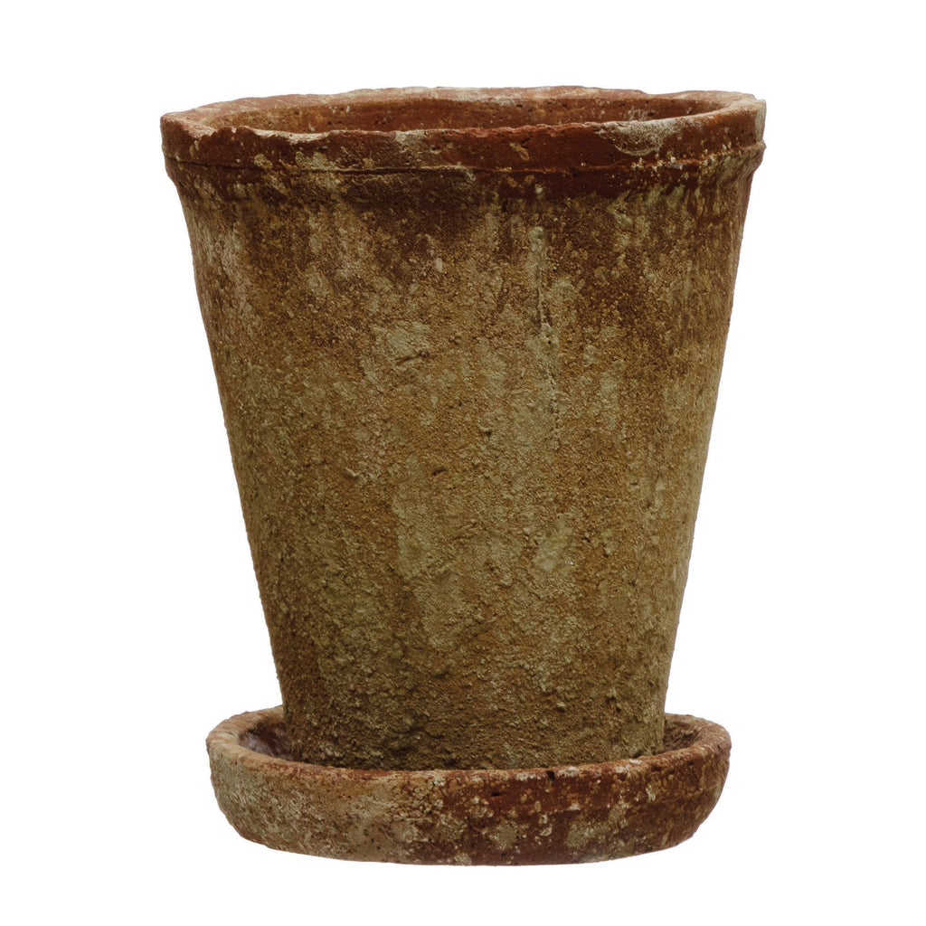 8 1/2" Distressed Cement Planter with Saucer