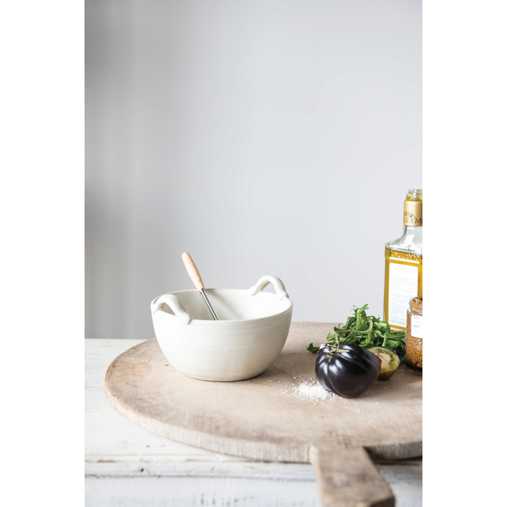 Stoneware Bowl w/Wood and Metal Whisk