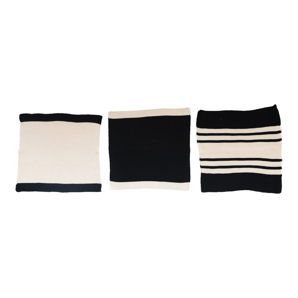 Black & Cream Cotton Knit Striped Dish Cloths, Set of 3 in Bag