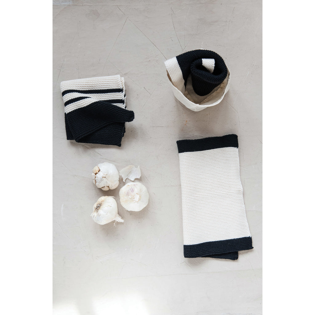 Black & Cream Cotton Knit Striped Dish Cloths, Set of 3 in Bag