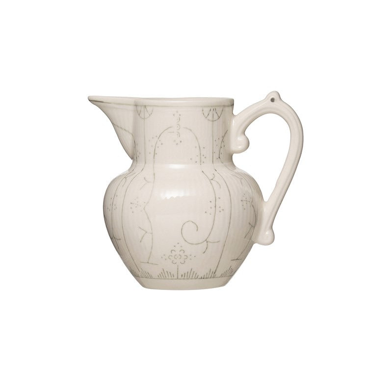 Hand Painted White and Gray Stoneware Pitcher
