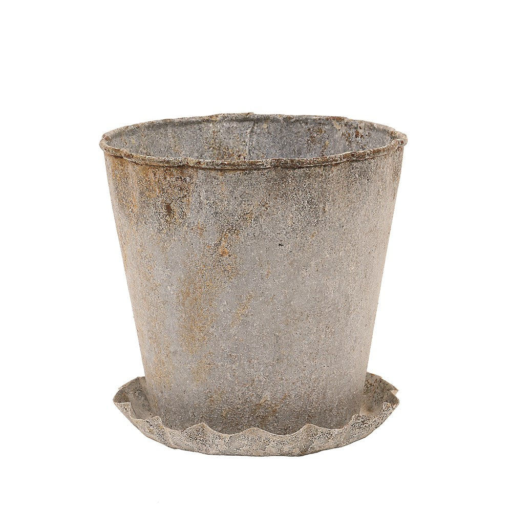 Distressed Zinc Metal Pot with Pleated Saucer