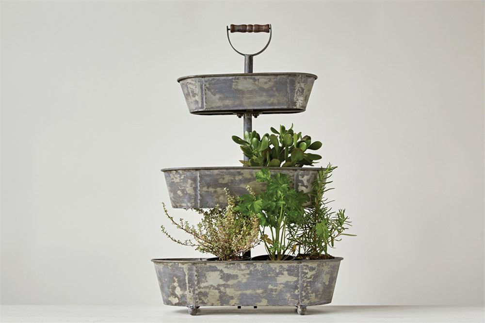 Three Tiered Metal Container with Wood Handle